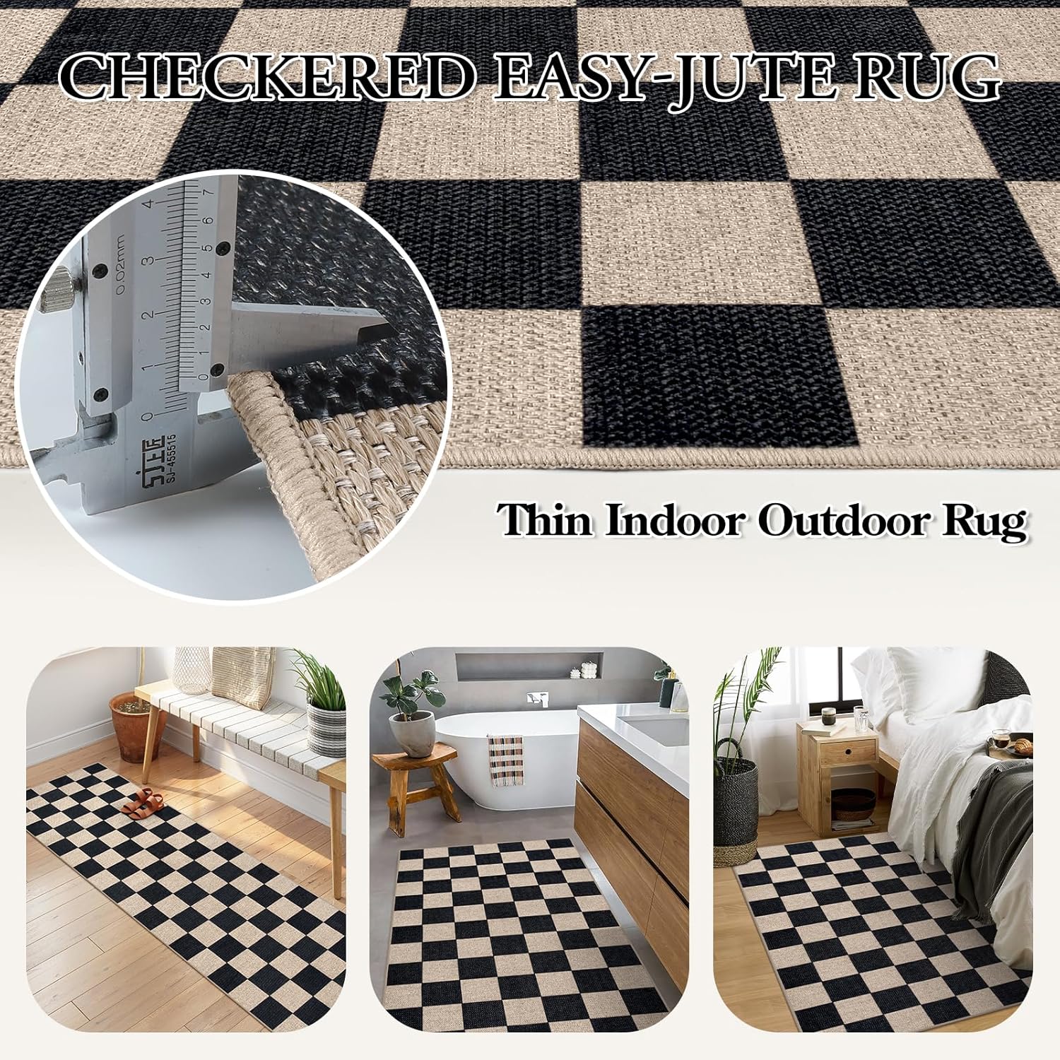 Lahome Checkered Easy Jute Carpet, 3x5 Outdoor Patio Rug Washable Rugs for Entryway Checkerboard