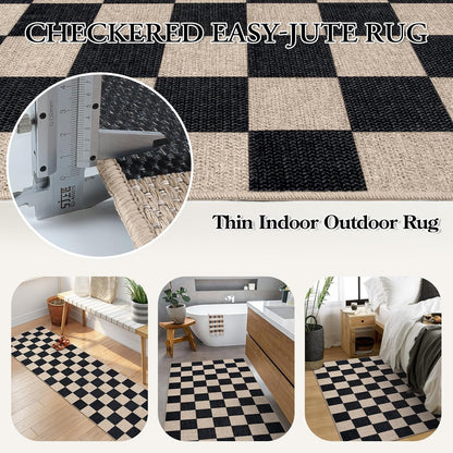 Lahome Checkered Easy Jute Carpet, 3x5 Outdoor Patio Rug Washable Rugs for Entryway Checkerboard