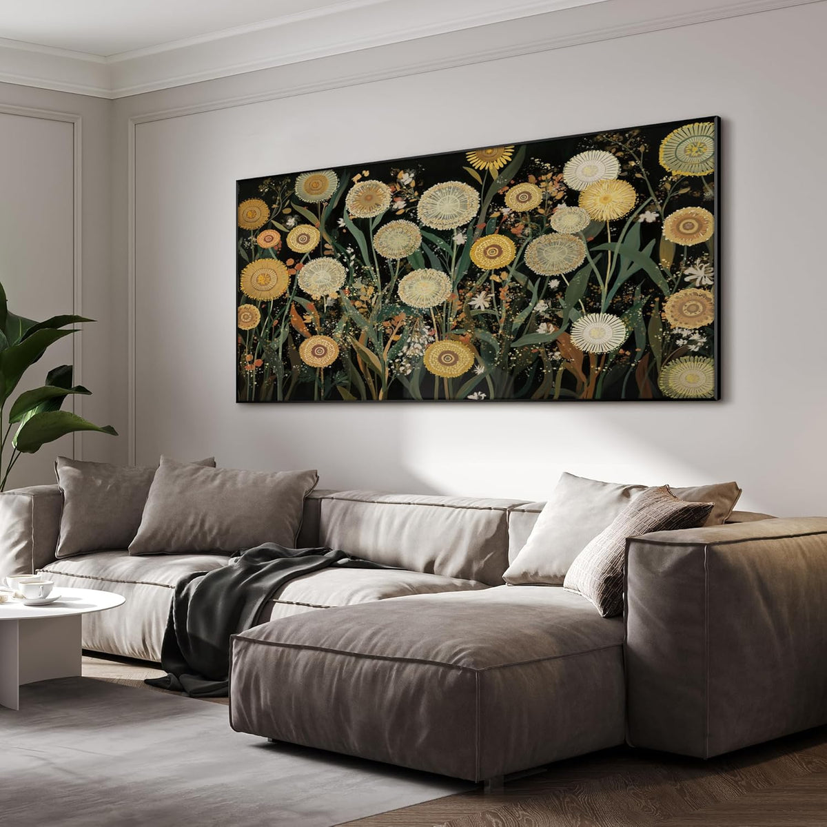 SIGNWIN 36"x72" Extra Large Framed Wall Art Whimsical Dandelion Field in Yellow and Green, Playful
