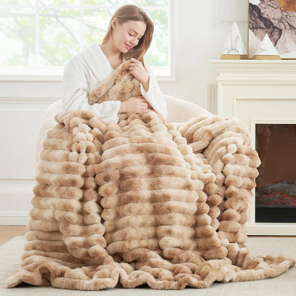 Cozy Bliss Faux Fur Throw Blanket for Couch, Cozy Warm Plush Striped Blanket for Sofa Bedroom