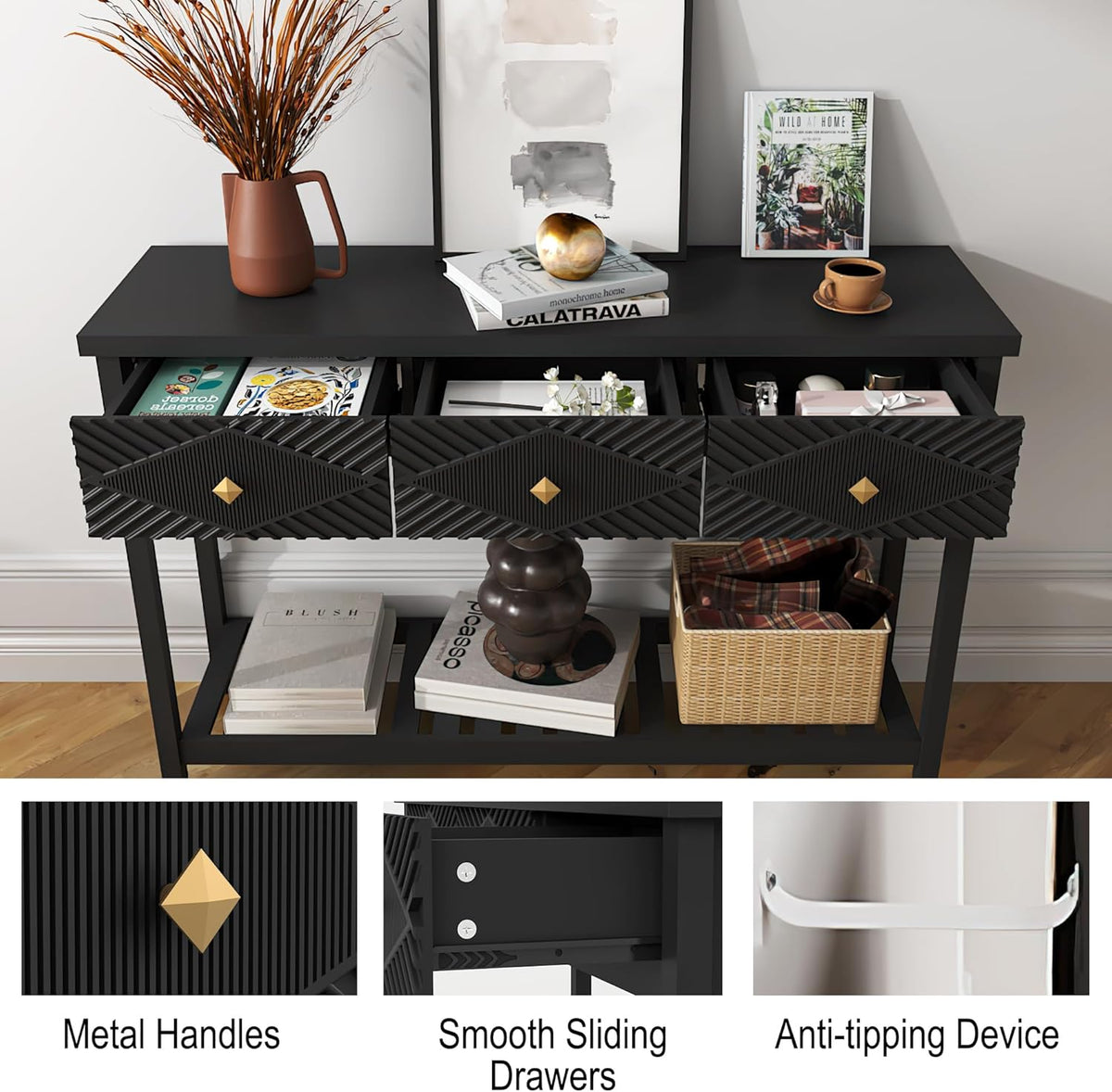 47" Console Table with 3 Drawers, Fluted Narrow Long Entryway Table with Storage Shelf, Accent