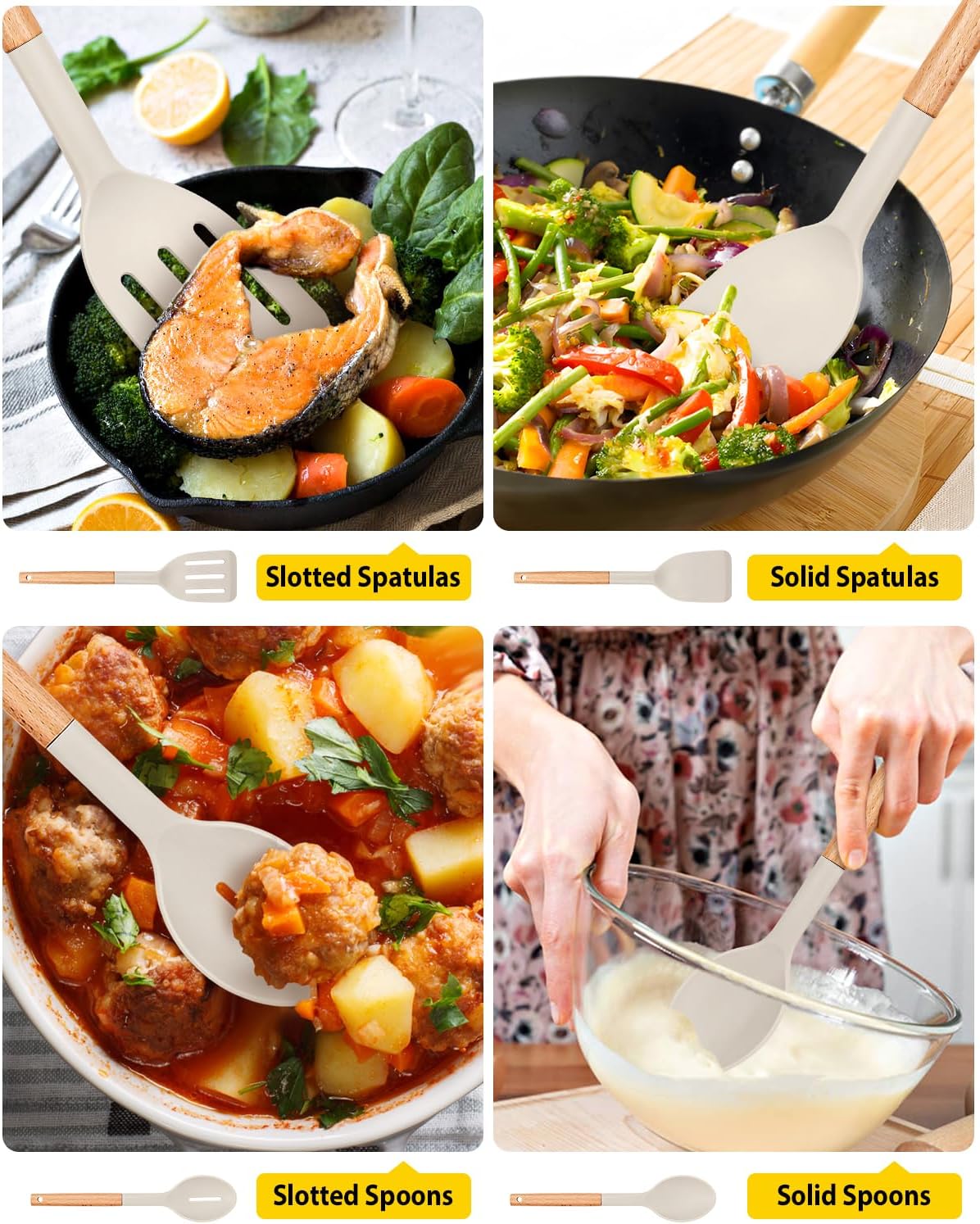 Pack of 4 Silicone Cooking Utensils Set, Non Stick Solid Spatulas and Heat Resistant Slotted Spoons