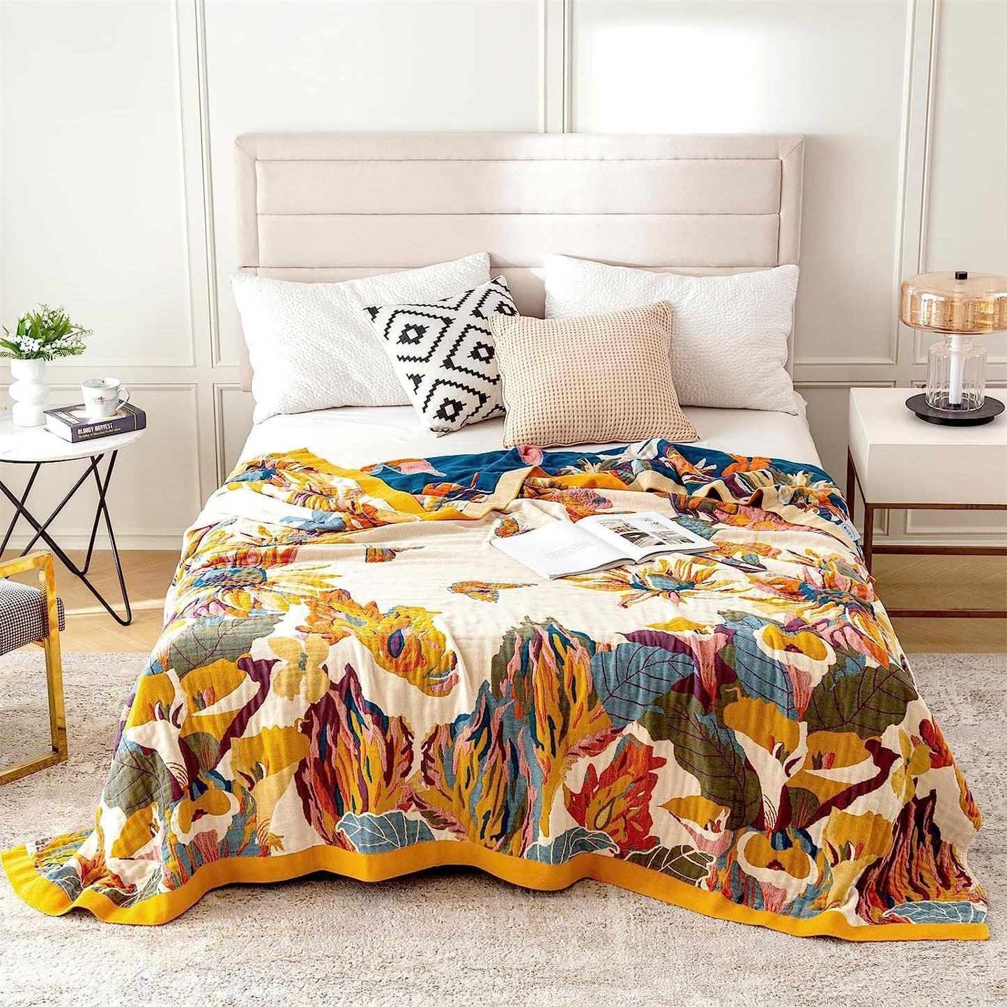 100% Cotton Throw Blanket for Bed Couch Summer 98''x 98'' Super Soft Muslin Blankets Warm Boho