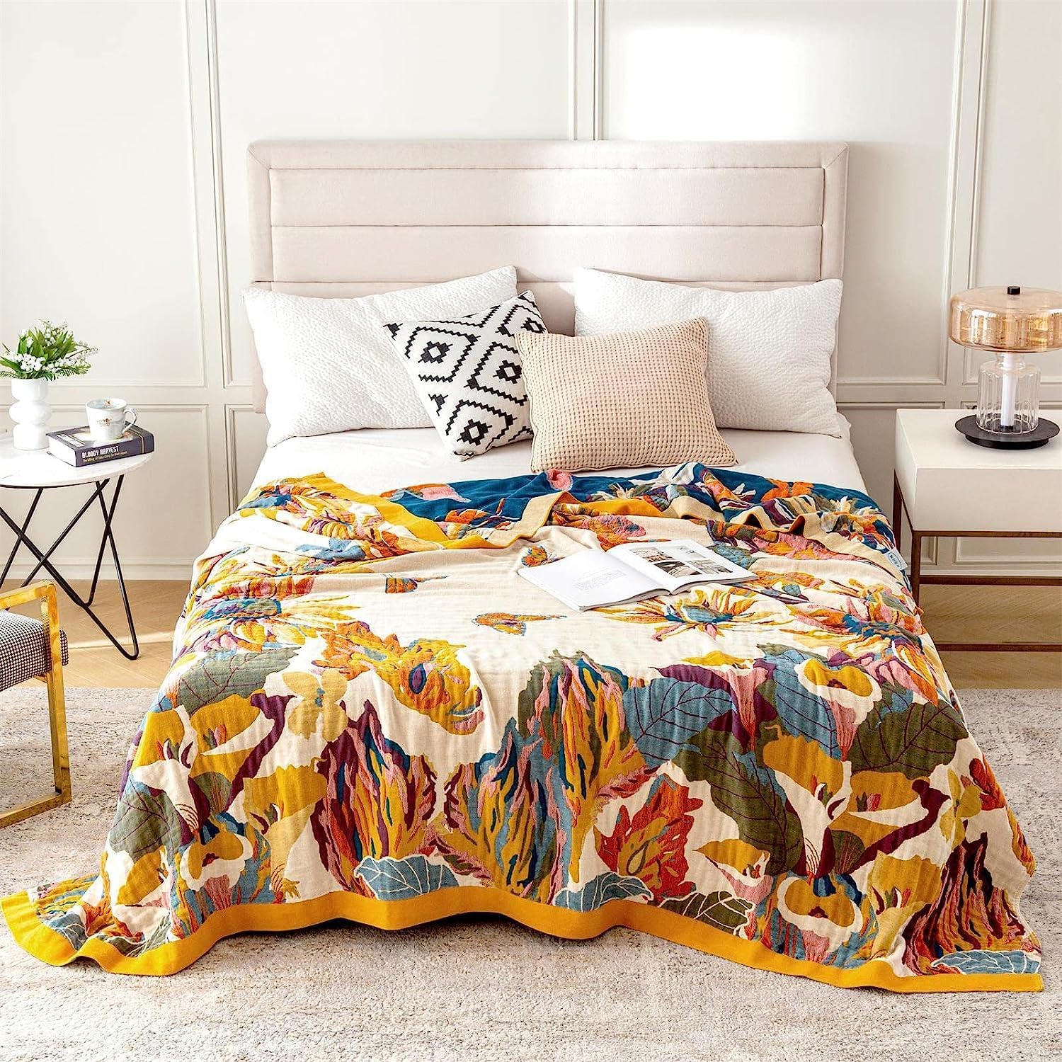 100% Cotton Throw Blanket for Bed Couch Summer 98''x 98'' Super Soft Muslin Blankets Warm Boho