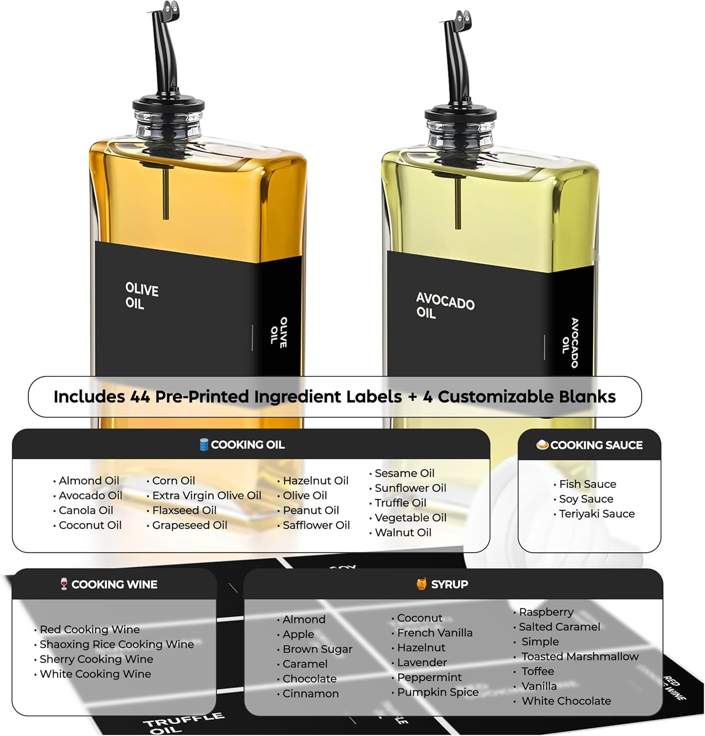 Olive Oil Dispenser Bottle - Includes 44 Kitchen Essential Labels - Cooking Oil Bottles for