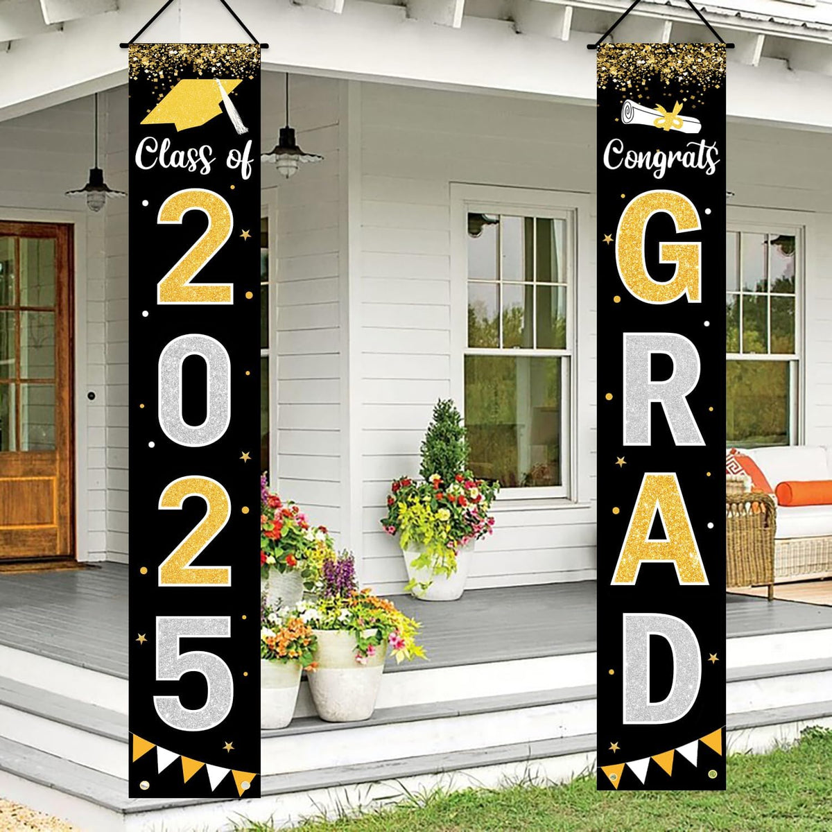 Graduation Decorations 2025 GRAD Banner Black Porch Door Sign Welcome Banner For Indoor Outdoor