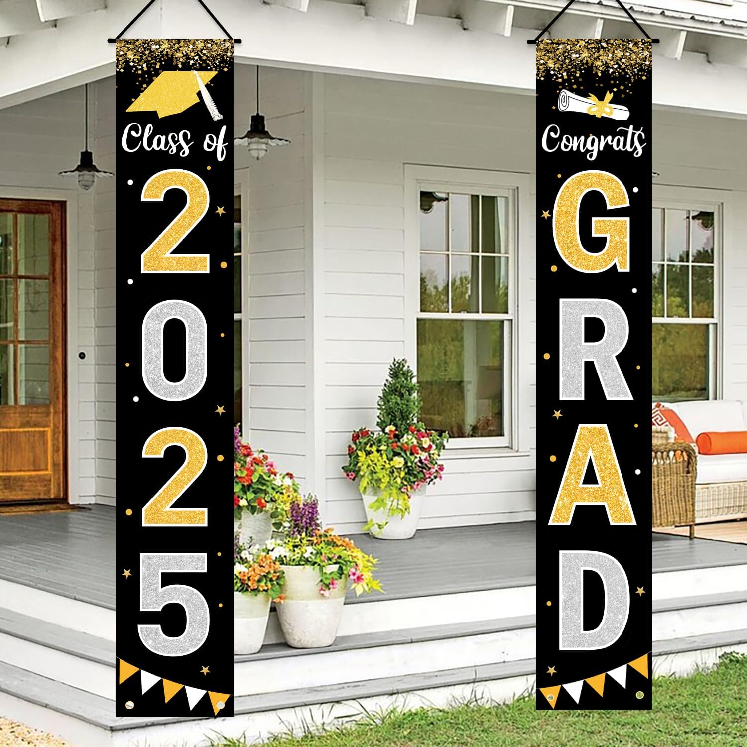 Graduation Decorations 2025 GRAD Banner Black Porch Door Sign Welcome Banner For Indoor Outdoor