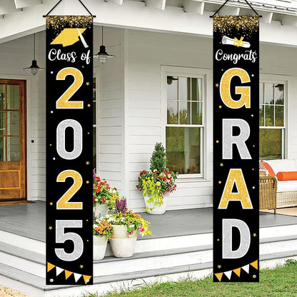 Graduation Decorations 2025 GRAD Banner Black Porch Door Sign Welcome Banner For Indoor Outdoor