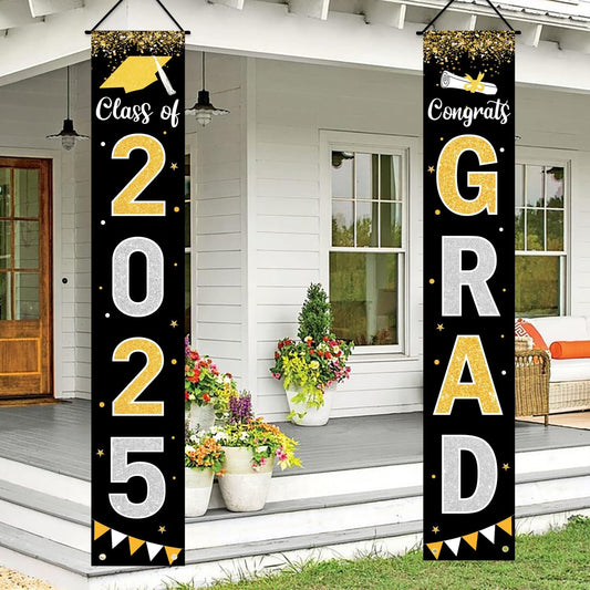 Graduation Decorations 2025 GRAD Banner Black Porch Door Sign Welcome Banner For Indoor Outdoor