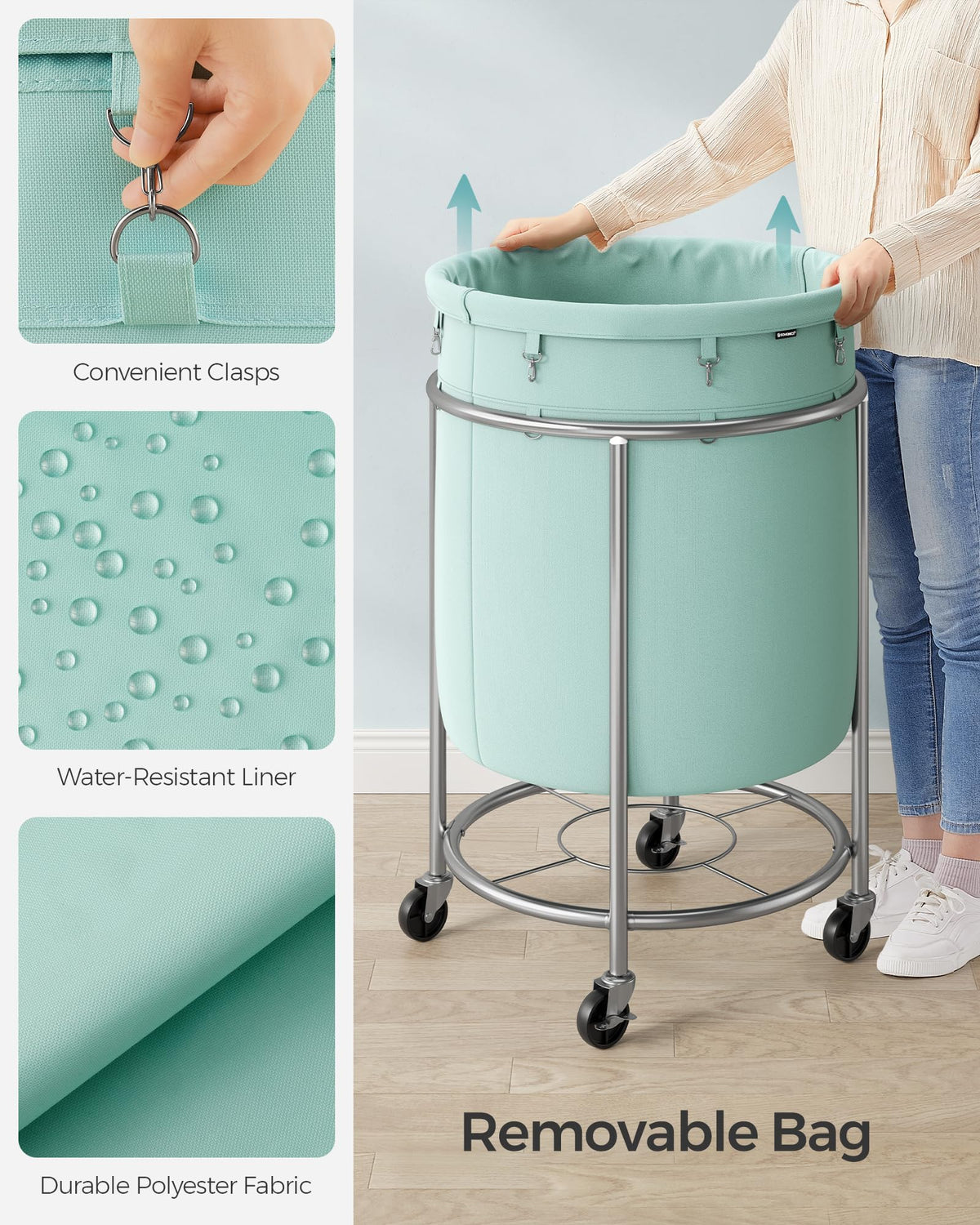SONGMICS Laundry Basket, Rolling Steel Frame with 2 Locking Wheels, 190 L