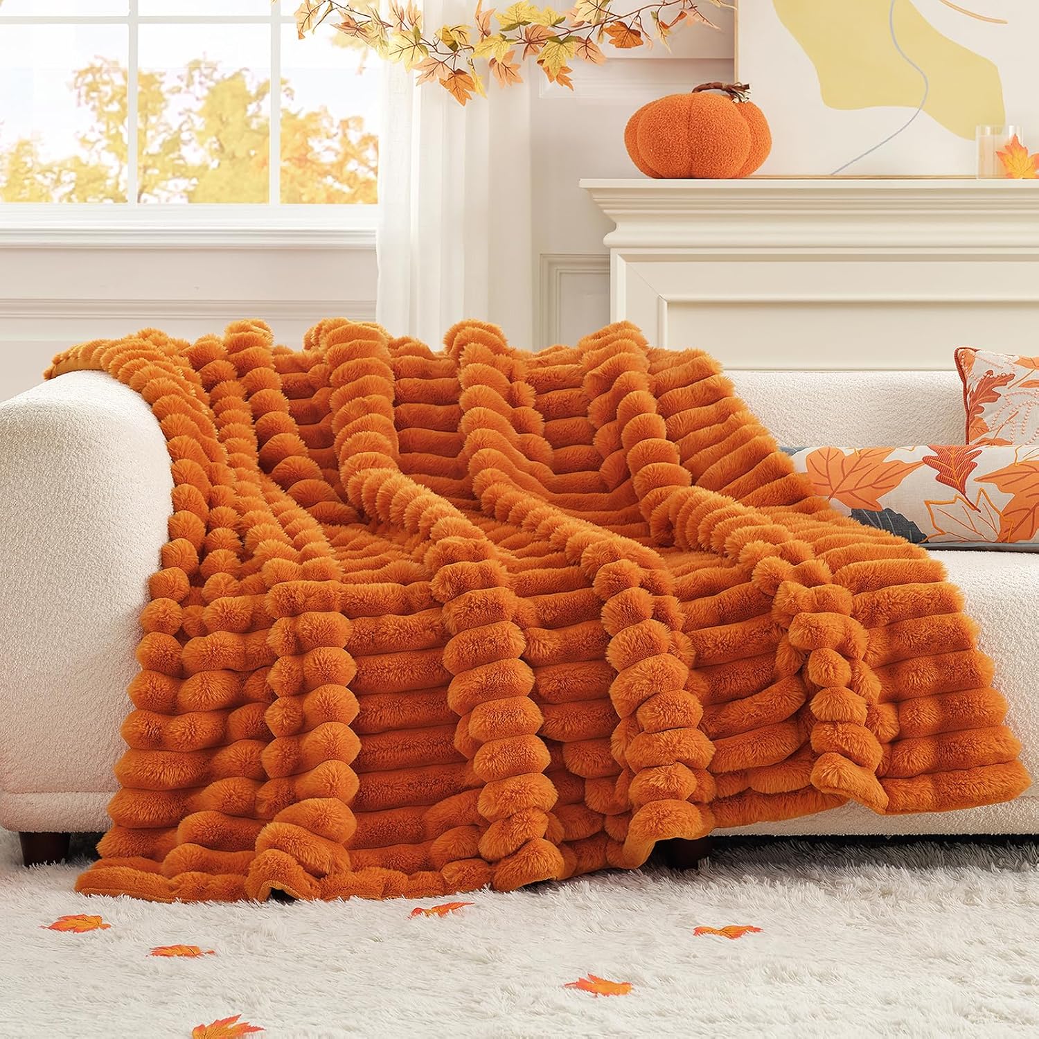 Cozy Bliss Fall Harvest Faux Fur Throw Blanket for Couch, Cozy Warm Plush Striped Blanket for for