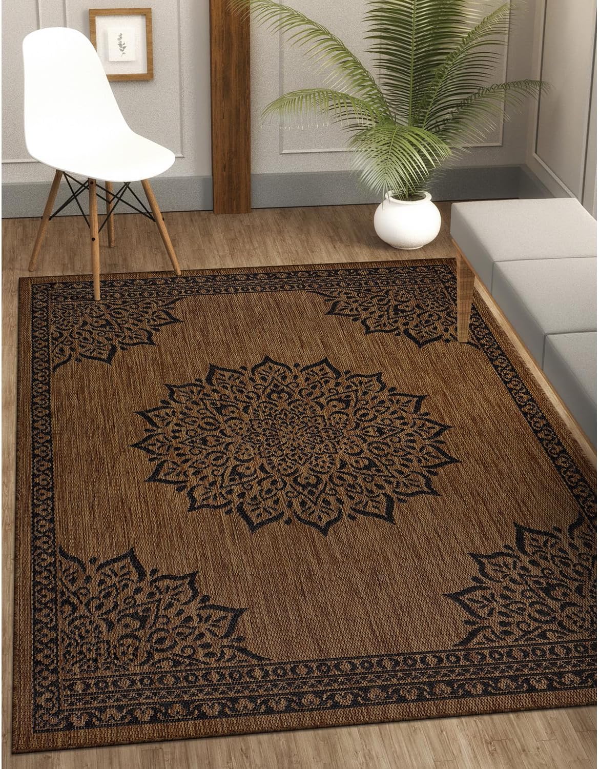 CAMILSON Outdoor Rug, 5x7 Medallion Nut Brown Black Modern Area Rugs for Indoor and Outdoor Patios