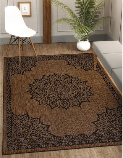 CAMILSON Outdoor Rug, 5x7 Medallion Nut Brown Black Modern Area Rugs for Indoor and Outdoor Patios