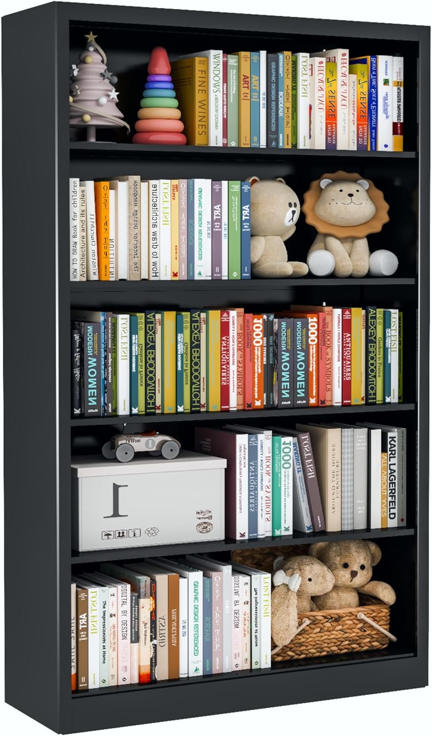 Black Bookshelf, 55” Adjustable Tall Metal Bookshelf, 5-Tier Toy Storage Organizer with Anti-Tilt