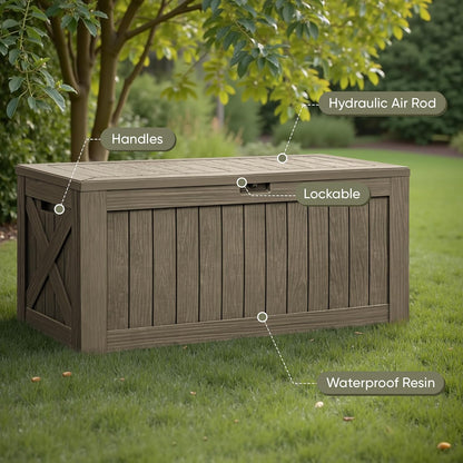 Flamaker Resin Deck Box 120 Gallon Waterproof Large Outdoor Indoor Storage Box Imitation Wood Resin