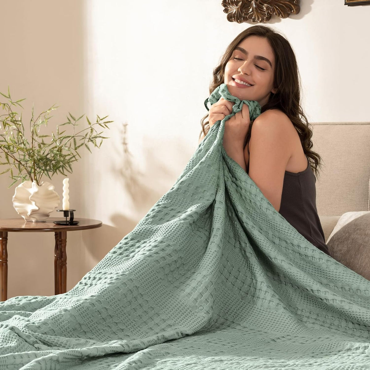 PHF Cooling Waffle Blanket King Size, Lightweight 60% Rayon Derived from Bamboo & 40% Cotton