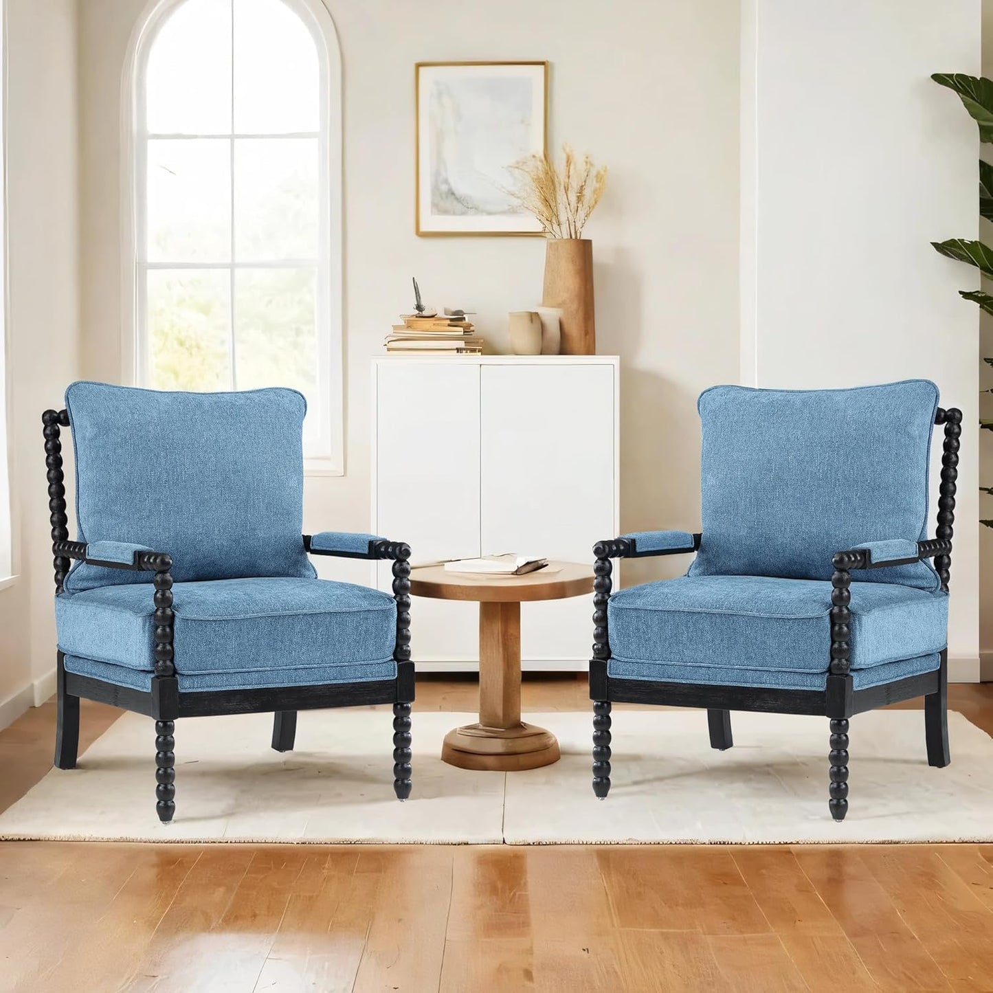 DUHOME Linen Fabric Spindle Accent Chairs Set of 2 with Wood Frame,Modern Accent Spool Chairs with