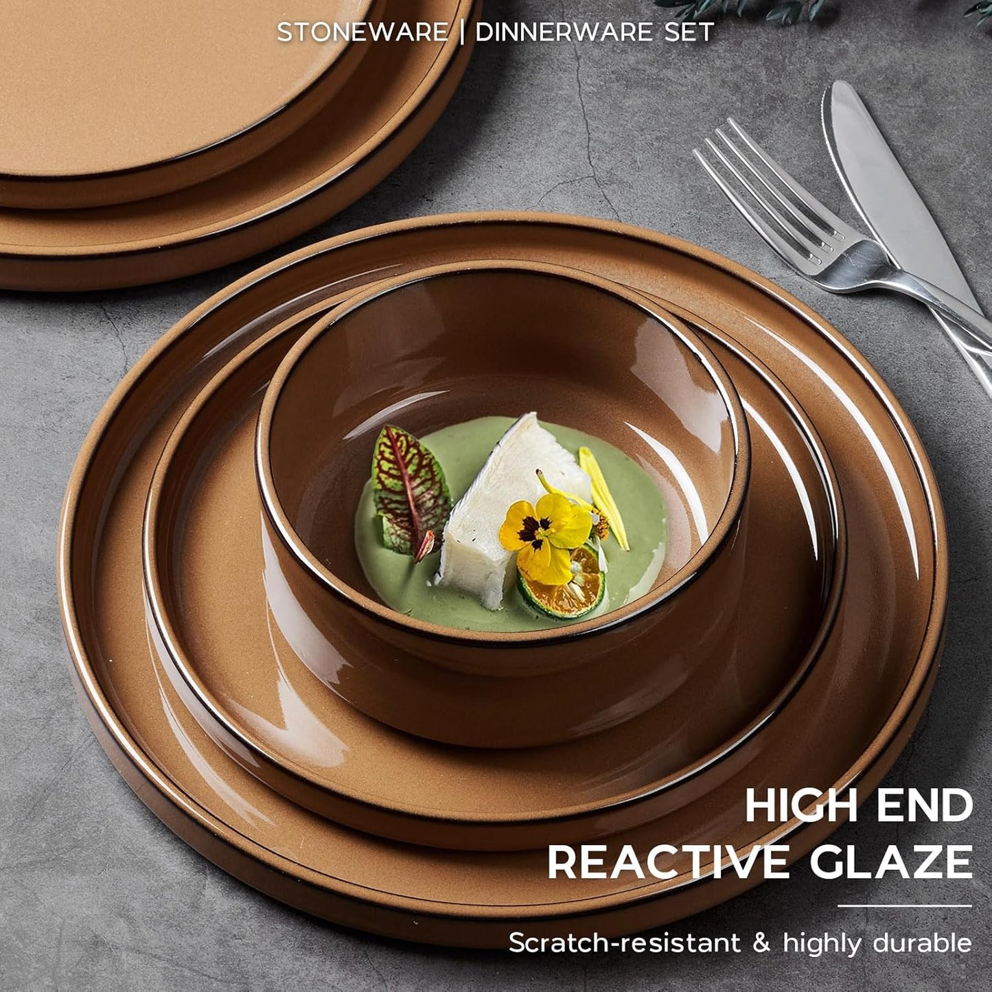 Onader Stoneware Dinnerware Sets for 4, Plates and Bowls with Unglazed Terracotta Bottom, Elegant
