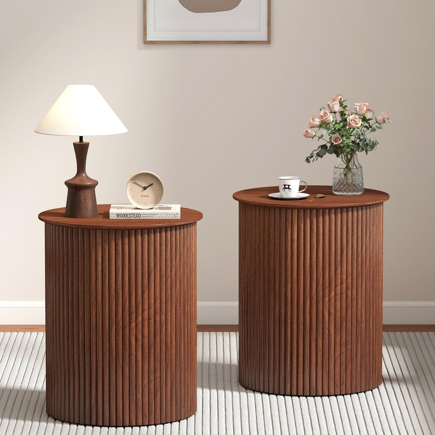 AVZEAR Small Round Side Table Fluted Night Stand Set of 2, 17.7" Mid Century Modern End Table