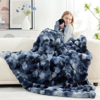 Cozy Bliss Faux Fur Throw Blanket for Couch, Fuzzy Soft Plush Thick Bubble Blanket for Sofa Bedroom