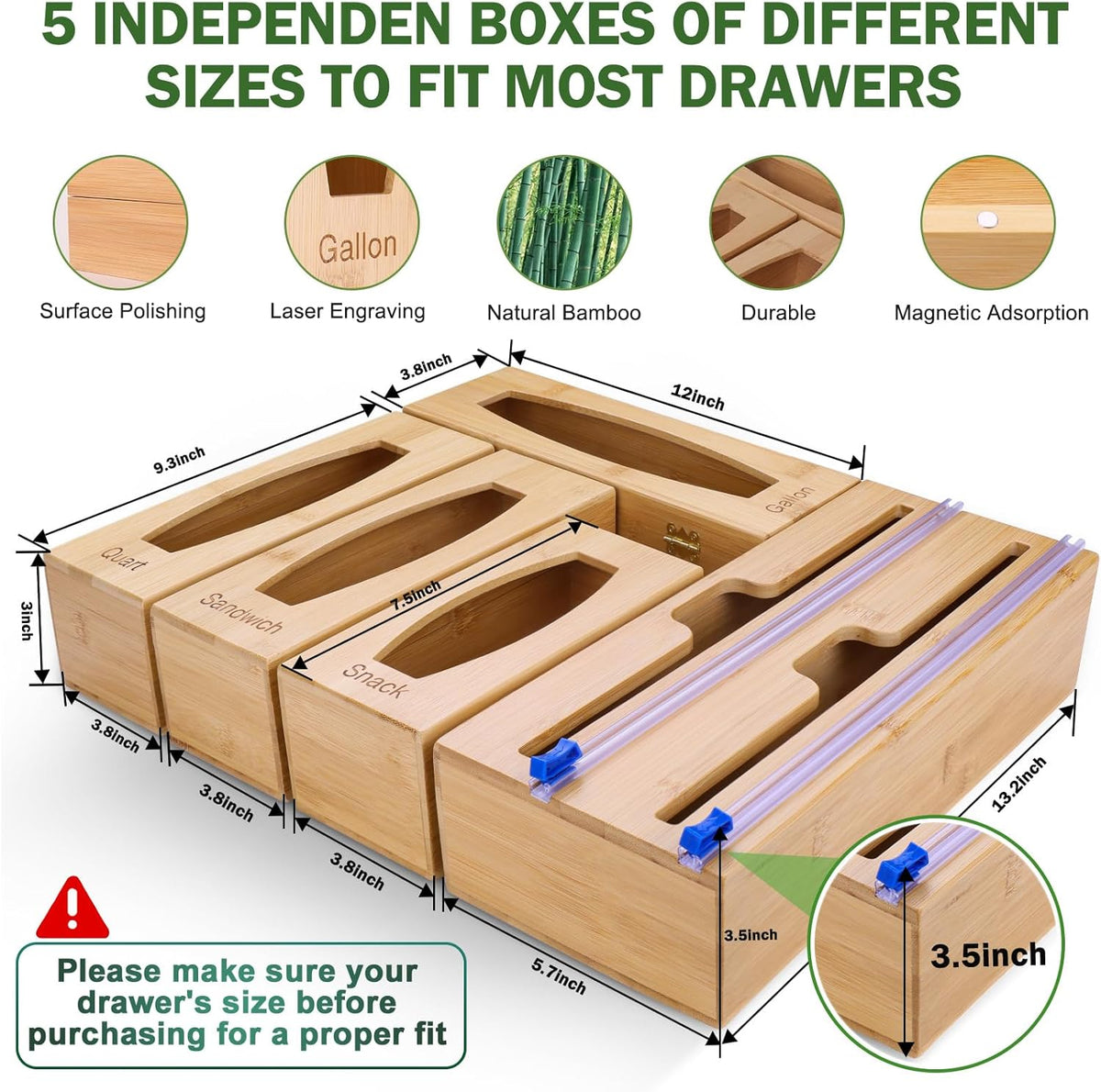 Individual Storage Bag Organizer for Kitchen Drawer, Bamboo with Foil and Plastic Wrap Organizer