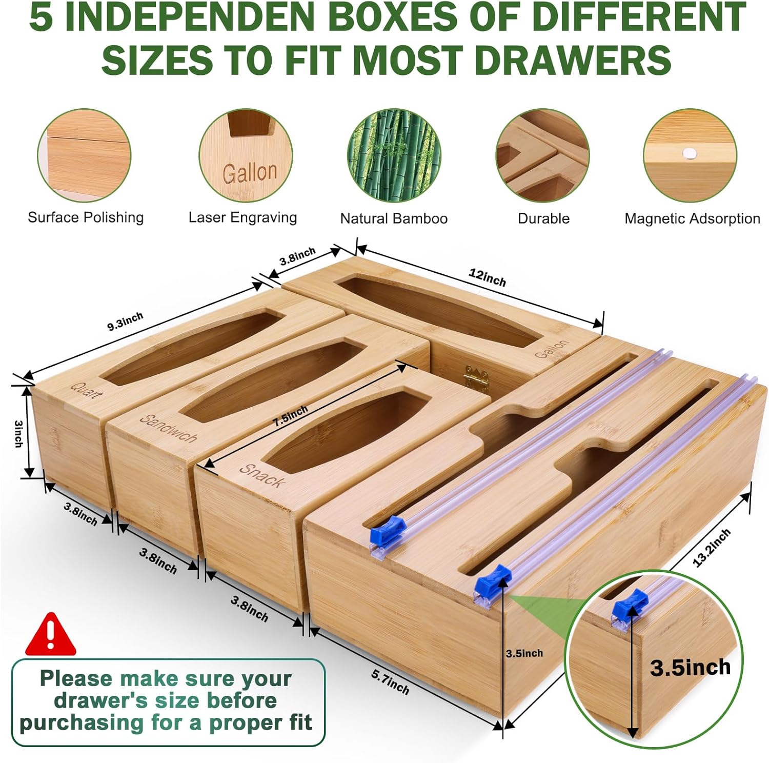 Individual Storage Bag Organizer for Kitchen Drawer, Bamboo with Foil and Plastic Wrap Organizer