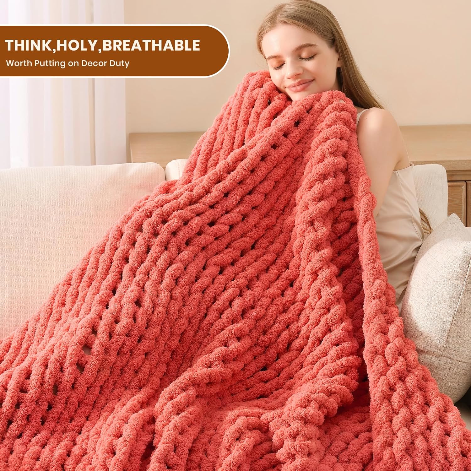 L'AGRATY Chunky Knit Blanket Throw: 60''x80'' Chenille Chunky Knitted Throw Blankets for Twin Bed