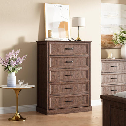 Farmhouse 5 Drawers Dresser for Bedroom, 44" Tall Brown dresser Wood Rustic Chest of Drawers with