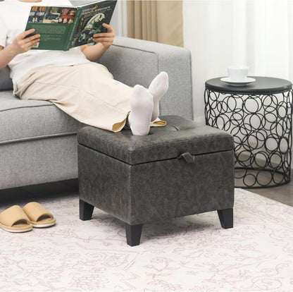 Adeco Faux Leather Storage Ottoman Bench with Wood Legs, 17.7" Square Mixed Grey PU Cube Foot