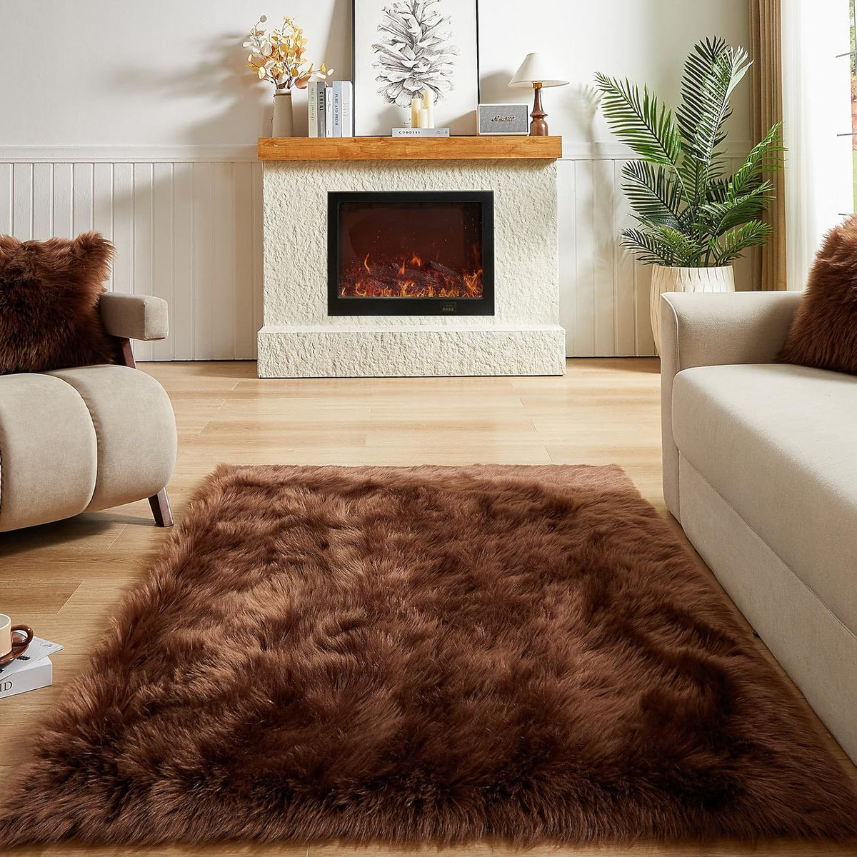 AMTOVO Faux Fur Sheepskin Rug for Living Room, 4 x 6 ft Coffee Fluffy Area Rug for Bedroom