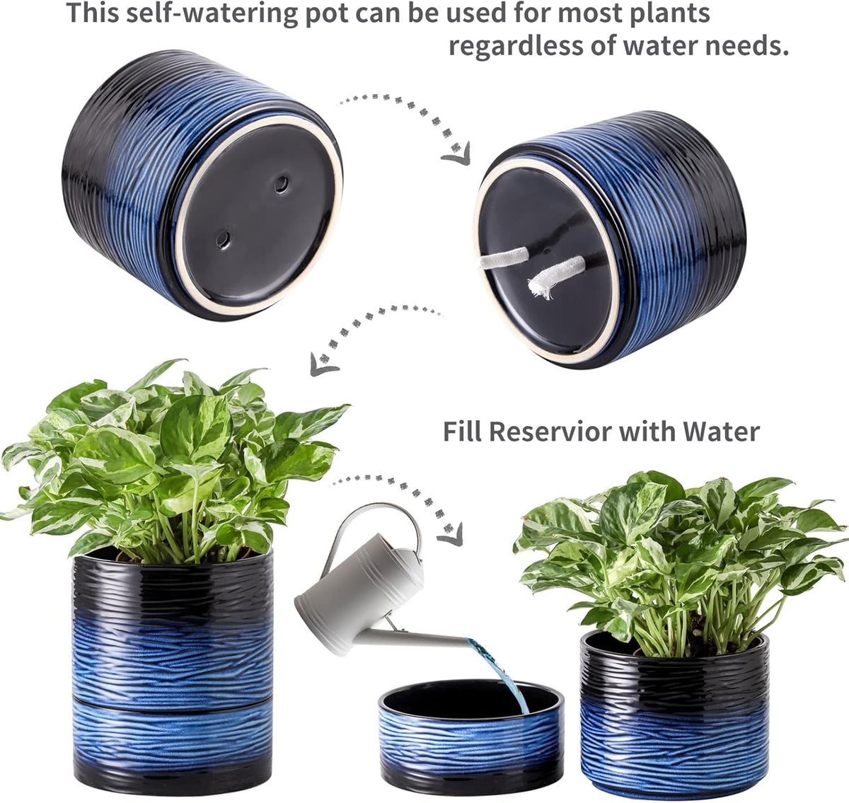 Nihow Self Watering Plant Pot: 6 Inch Ceramic Planter with Drainage Hole & Water Storage Plus for