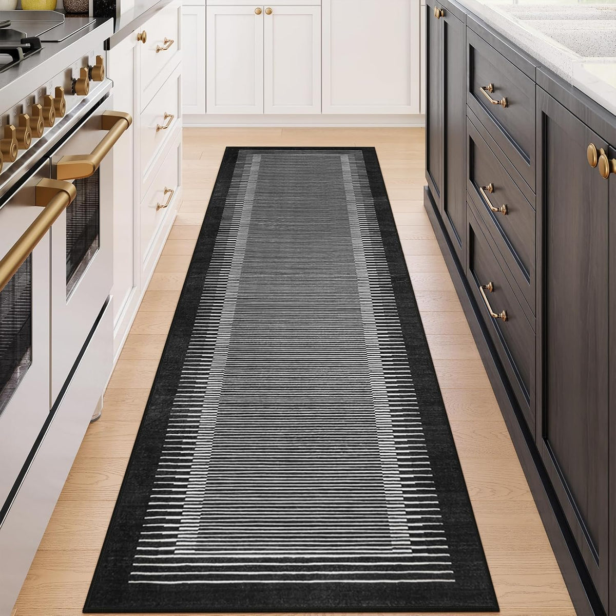Wonnitar Washable Striped Black Runner Rug for Hallway 2'6"x8', Non-Slip Kitchen Runner Rug, Low