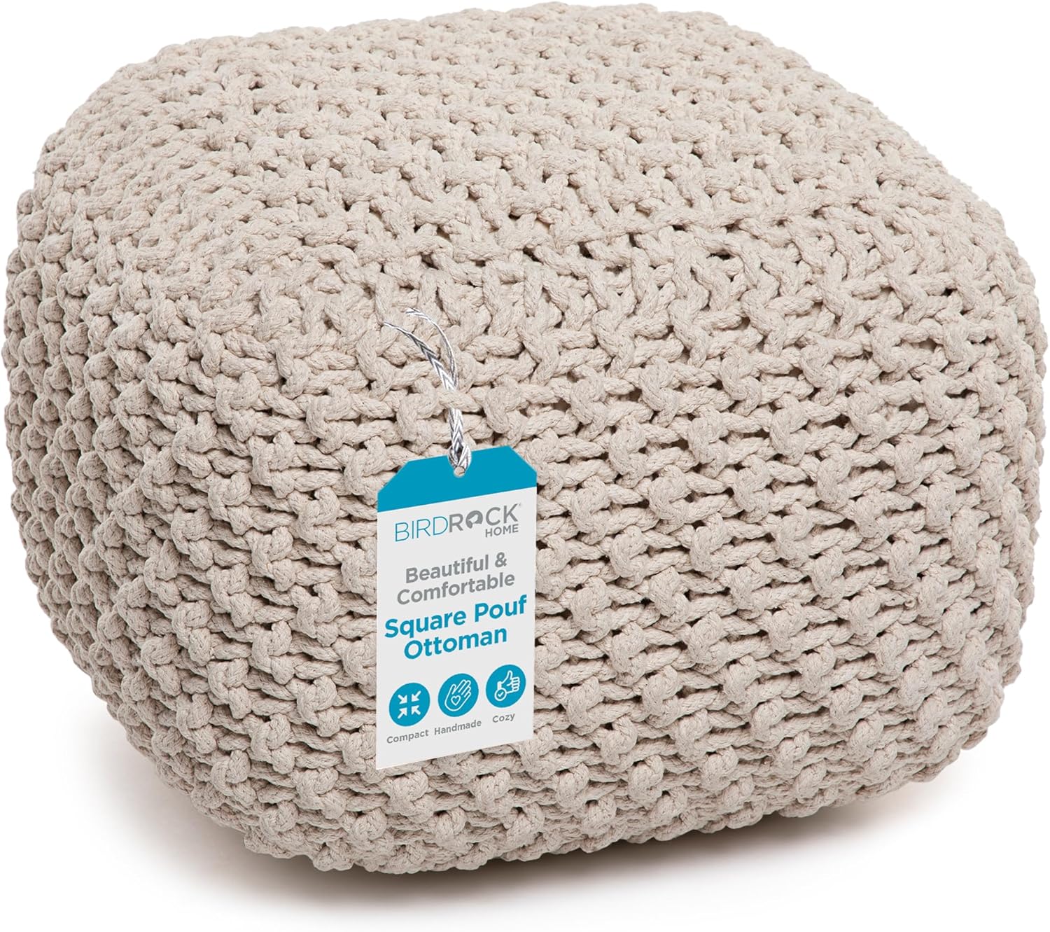 BIRDROCK HOME Square Pouf Ottoman | Cotton Braided Foot Stool with Bean Bag Filling | Boho Foot