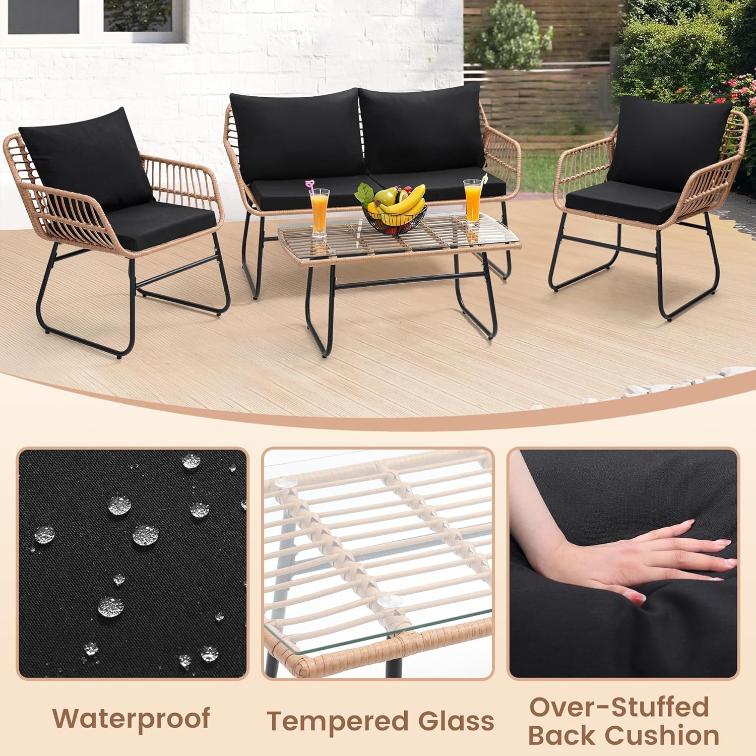 Kromax 4 Piece Patio Bistro Outdoor Furniture Set, Wicker Sofa, 2 Rattan Chairs, and Table