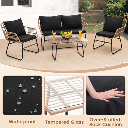 Kromax 4 Piece Patio Bistro Outdoor Furniture Set, Wicker Sofa, 2 Rattan Chairs, and Table