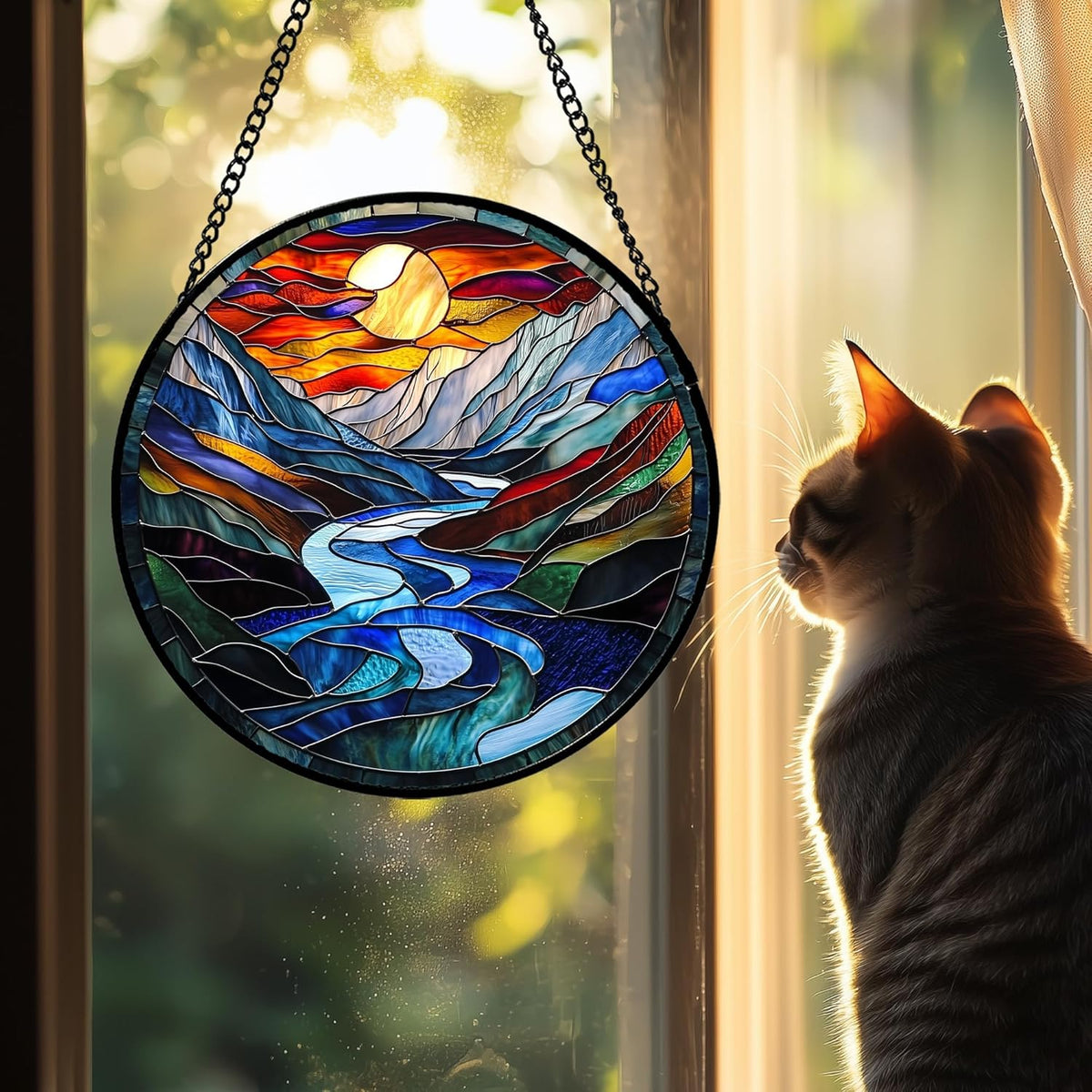 Stained Glass Window Hanging, Canyon Mountains Sunset View Sun Catcher for Window Home Decor