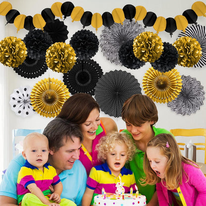 Black and Gold Decorations, Paper Pompoms Fan for Graduation Birthday Wedding Prom Night New Years