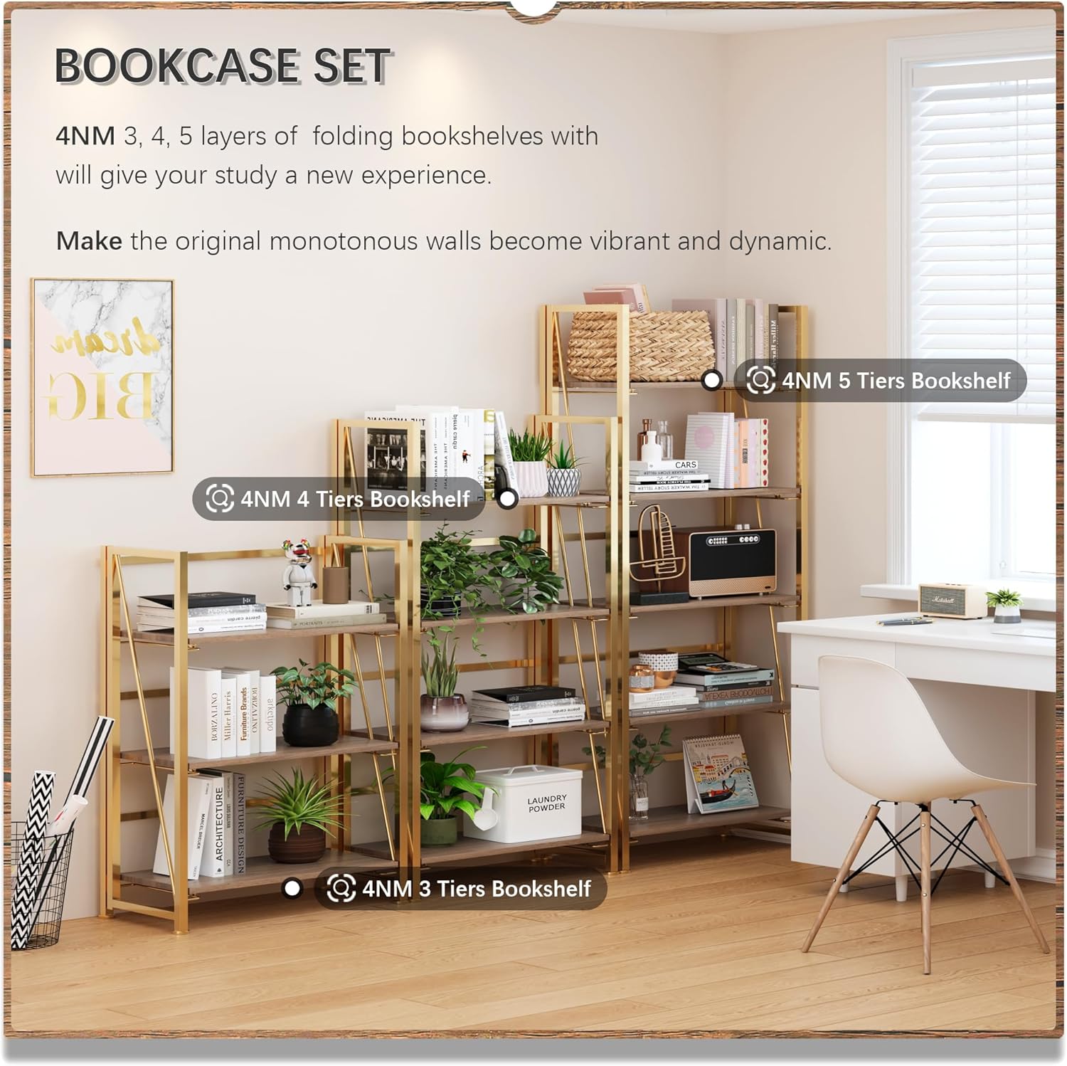 4NM No Assembly Foldable Bookshelf, 5-Shelf Collapsible Bookcase Storage for Small Spaces, 62.2" H