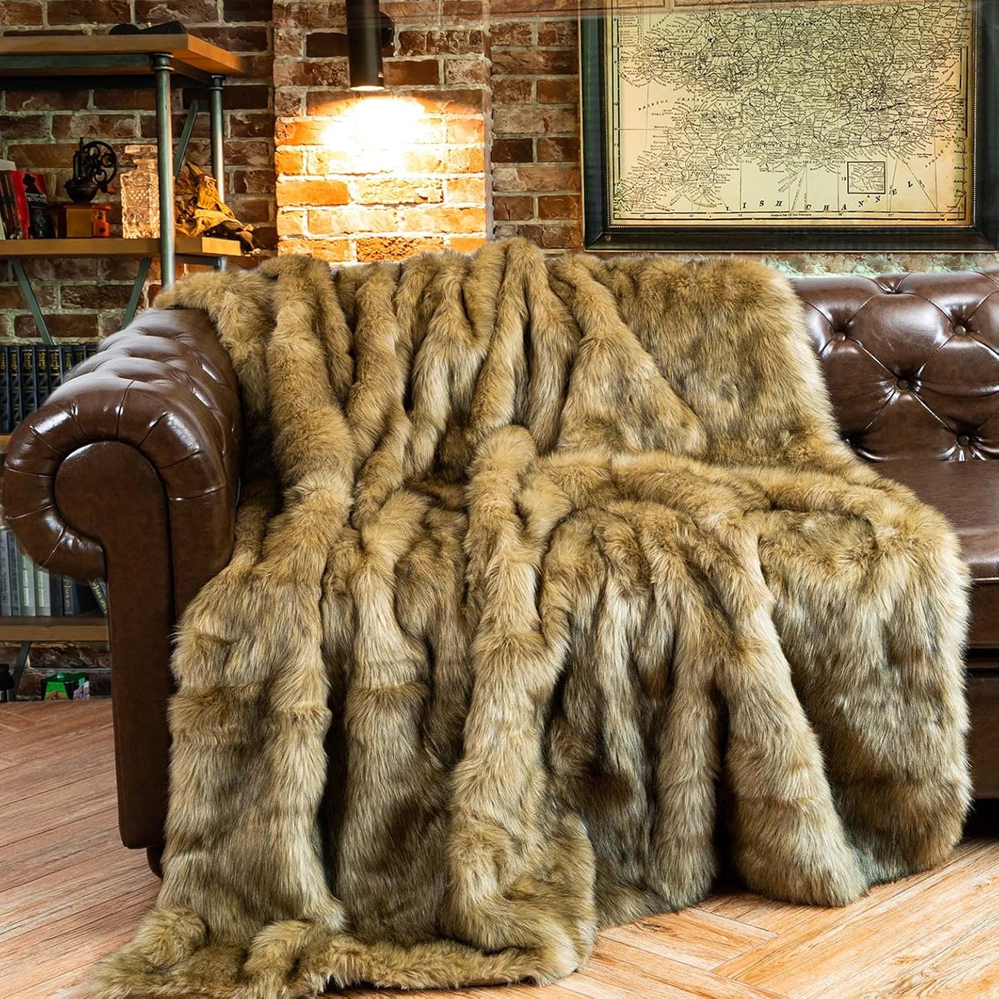 BATTILO HOME Luxury Golden Faux Fur Blanket, 60"x 80" Large Fur Throw Blankets for Bed, Couch, Soft