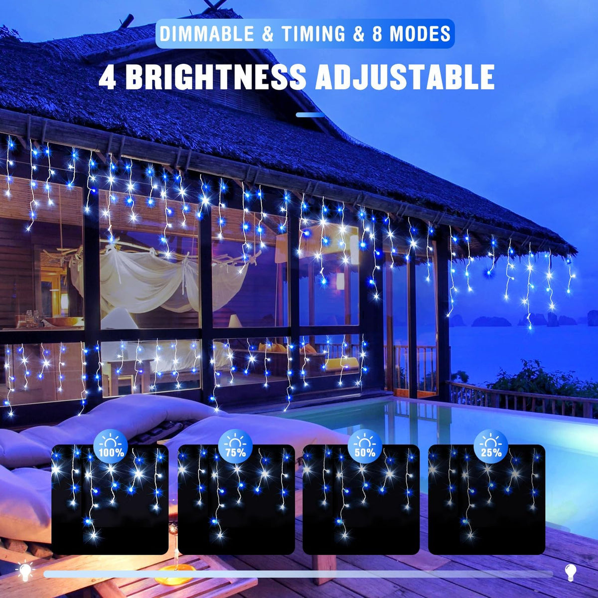 JMEXSUSS Blue&White Icicle Lights - 38.8FT 400 LED Icicle String Lights with Remote for