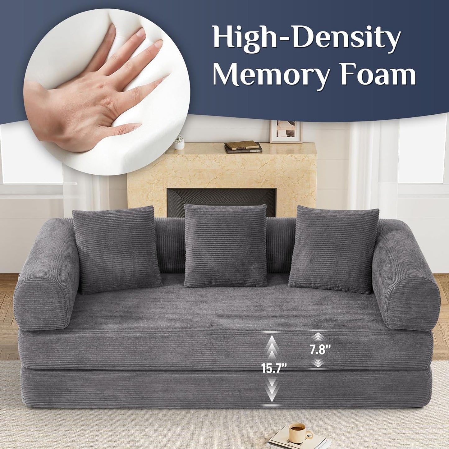 Convertible Sleeper Sofa Bed with Pillow, 4-in-1 Corduroy Folding Mattress Couch with Fixed-Shape
