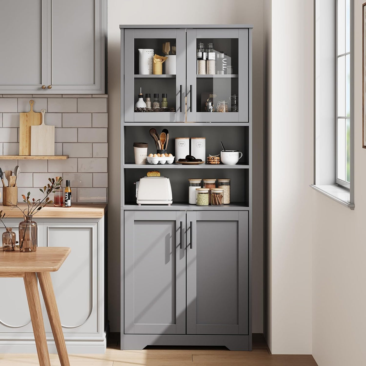 GarveeHome 67" Tall Storage Cabinet, Tall Bathroom Cabinet with Glass Doors and Adjustable Shelves