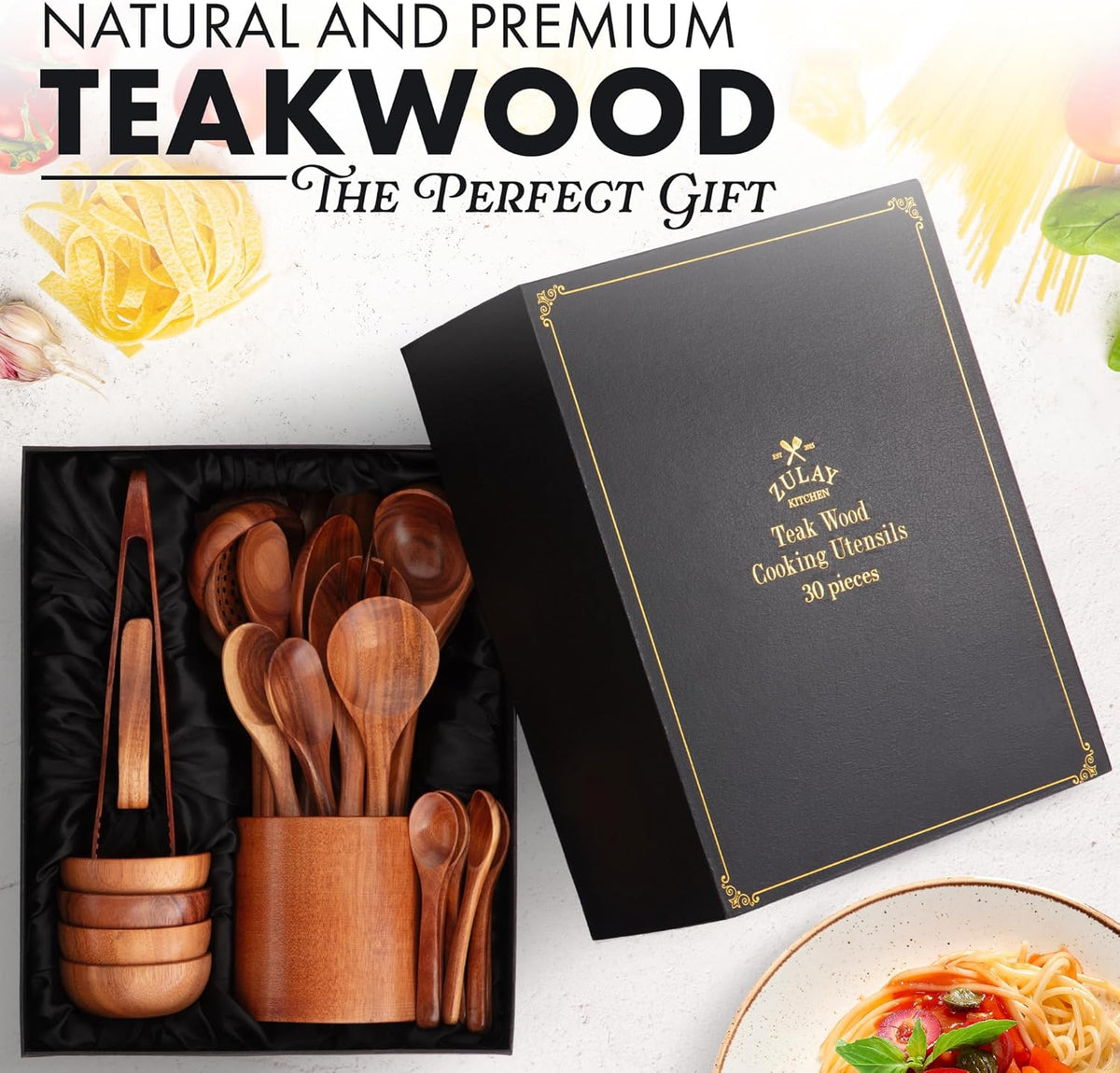 Zulay Kitchen 30-Piece Teak Wooden Utensils - Natural Teak Cooking Utensils with Premium Gift Box