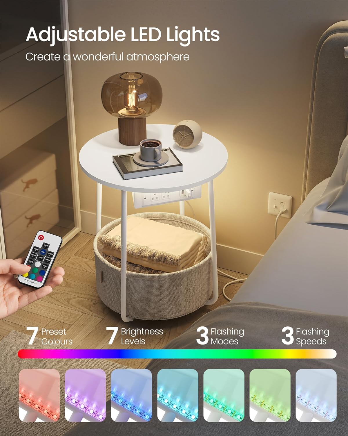 VASAGLE Side Table with Charging Station, Round End Table with Fabric Basket, LED Nightstand with