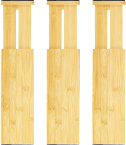 VaeFae 3 Pack Bamboo Drawer Dividers, 4" High Adjustable 11.9-17.1" Clothes Drawer Organizers