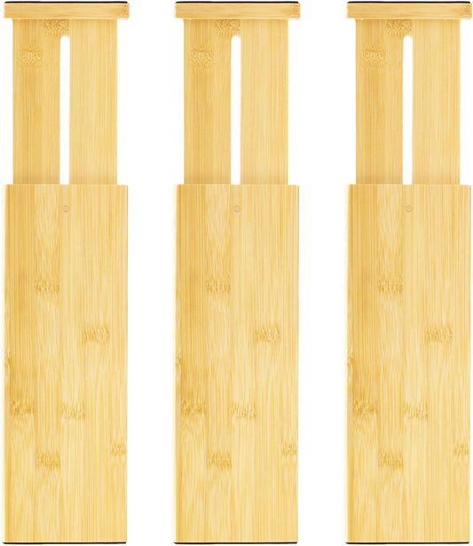VaeFae 3 Pack Bamboo Drawer Dividers, 4" High Adjustable 11.9-17.1" Clothes Drawer Organizers