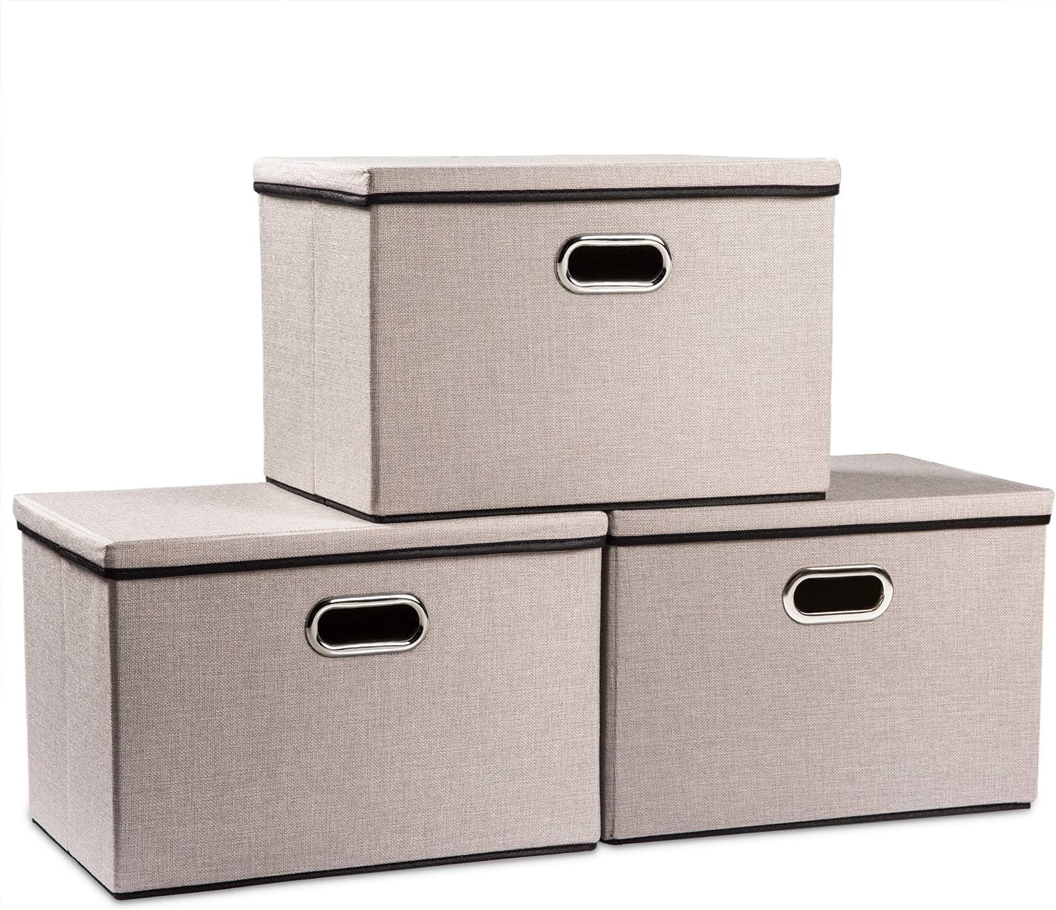 PRANDOM Large Foldable Storage Bins with Lids [3-Pack] linenFabric Decorative Storage Boxes