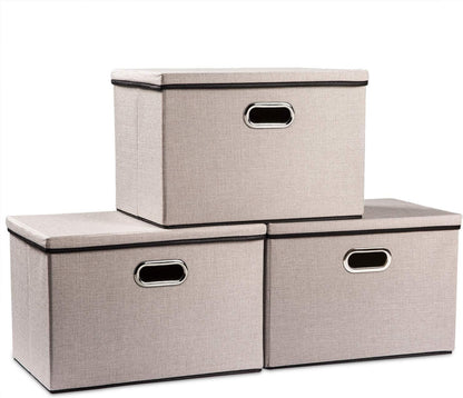 PRANDOM Large Foldable Storage Bins with Lids [3-Pack] linenFabric Decorative Storage Boxes