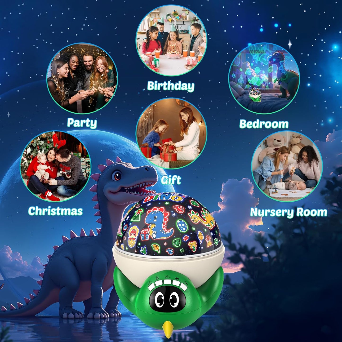 Dinosaur Night Light Projector for Kids Green Dino Toys for Boys, Star Night Lights with Music and