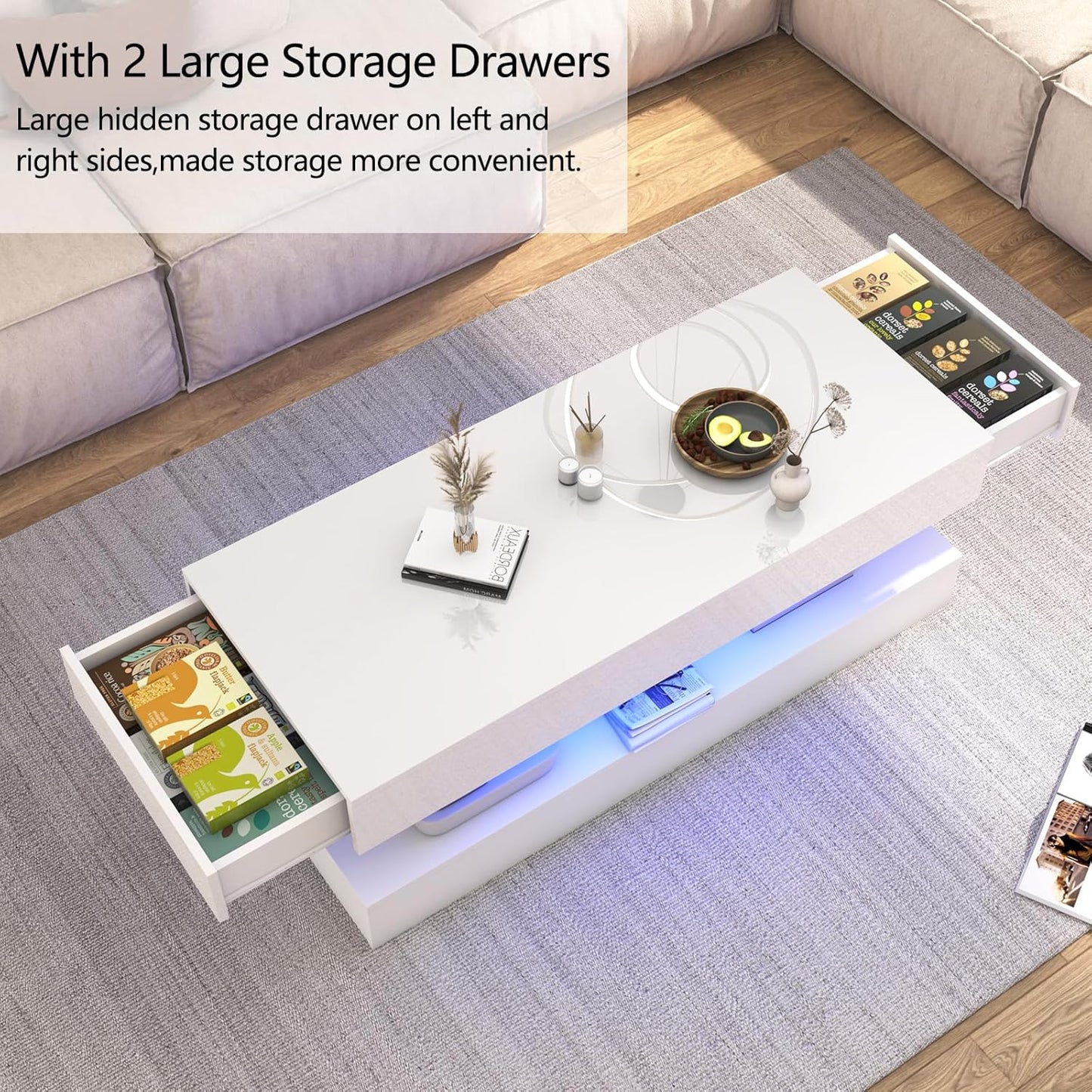 Uspeedy 47.3IN High Glossy LED Coffee Table,APP LED Lights,Black/White, Modern Furniture for Living